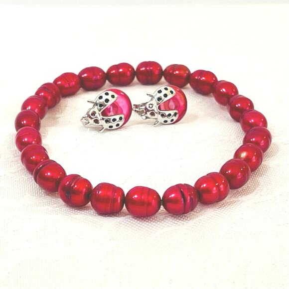 HONORA Sterling Silver Coin Pearl Ladybug EARRINGS BRACELET Stud Cultured Pearls - Picture 7 of 10